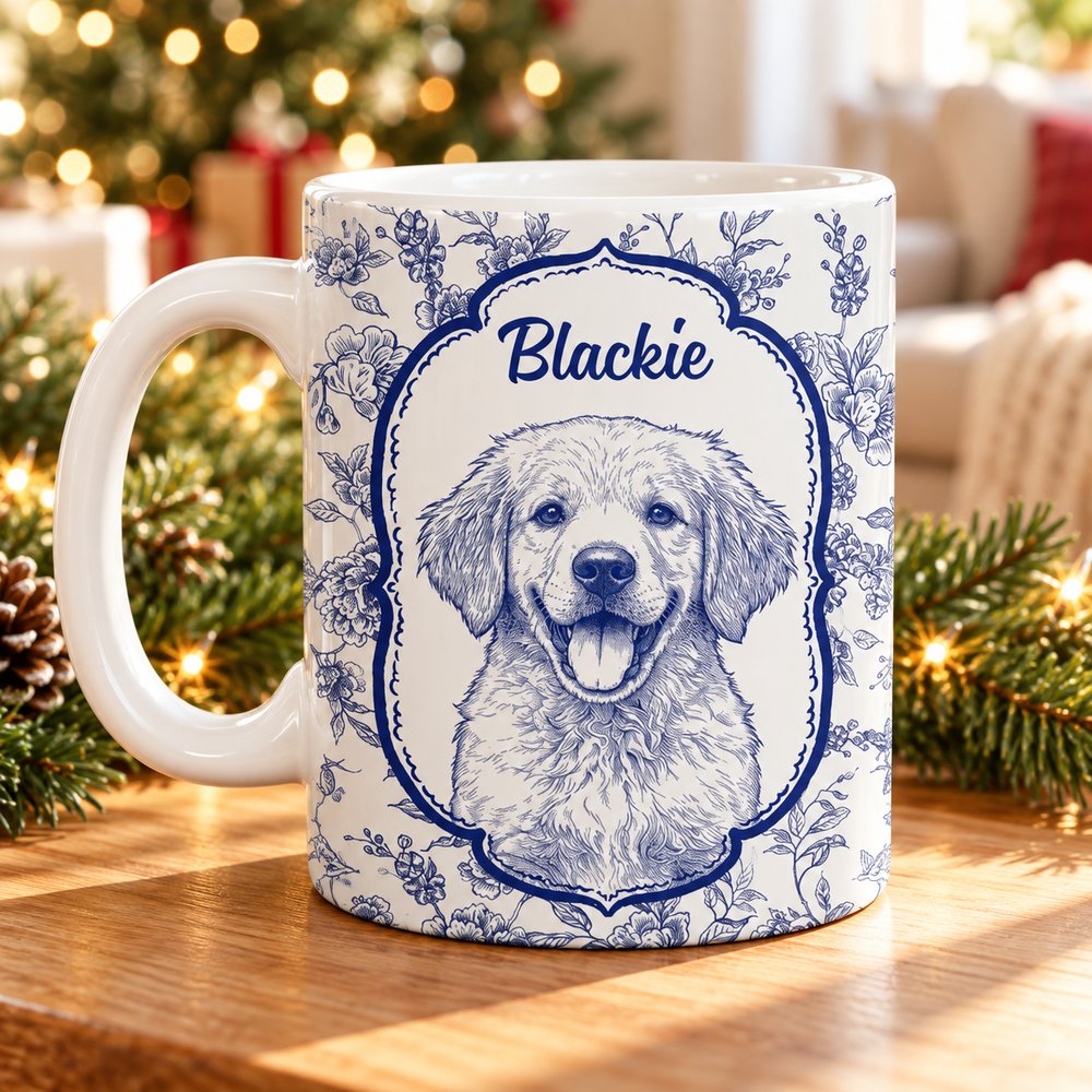 Custom pet portrait toile ceramic mug on a holiday coffee table near a Christmas tree