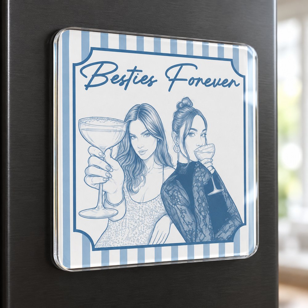 Close-up detail of the glossy acrylic edge and pencil sketch print on the Besties fridge magnet