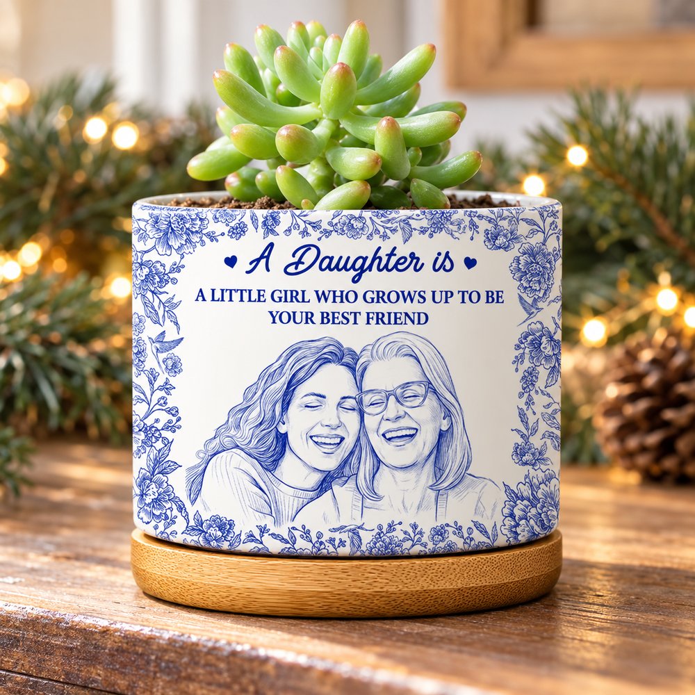 Personalized mother daughter sketch ceramic plant pot on a holiday mantel with pine garland
