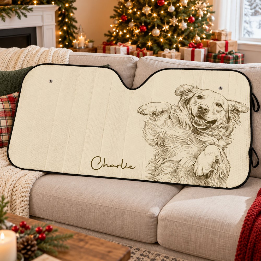 Custom pet photo car sunshade displayed in a bright holiday living room