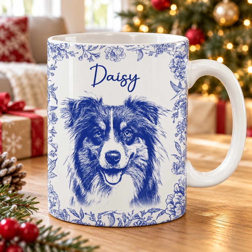 Custom dog sketch portrait ceramic mug on a wooden table near a Christmas tree