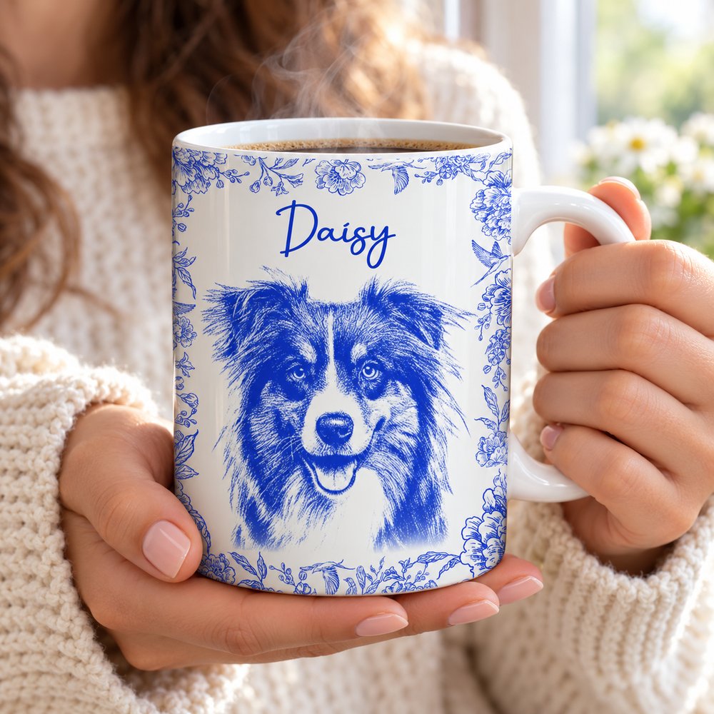 Woman holding personalized blue dog sketch portrait coffee mug with warm steam
