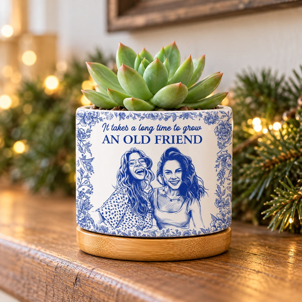 Personalized friend photo sketch ceramic plant pot with bamboo tray on holiday mantel with pine garland