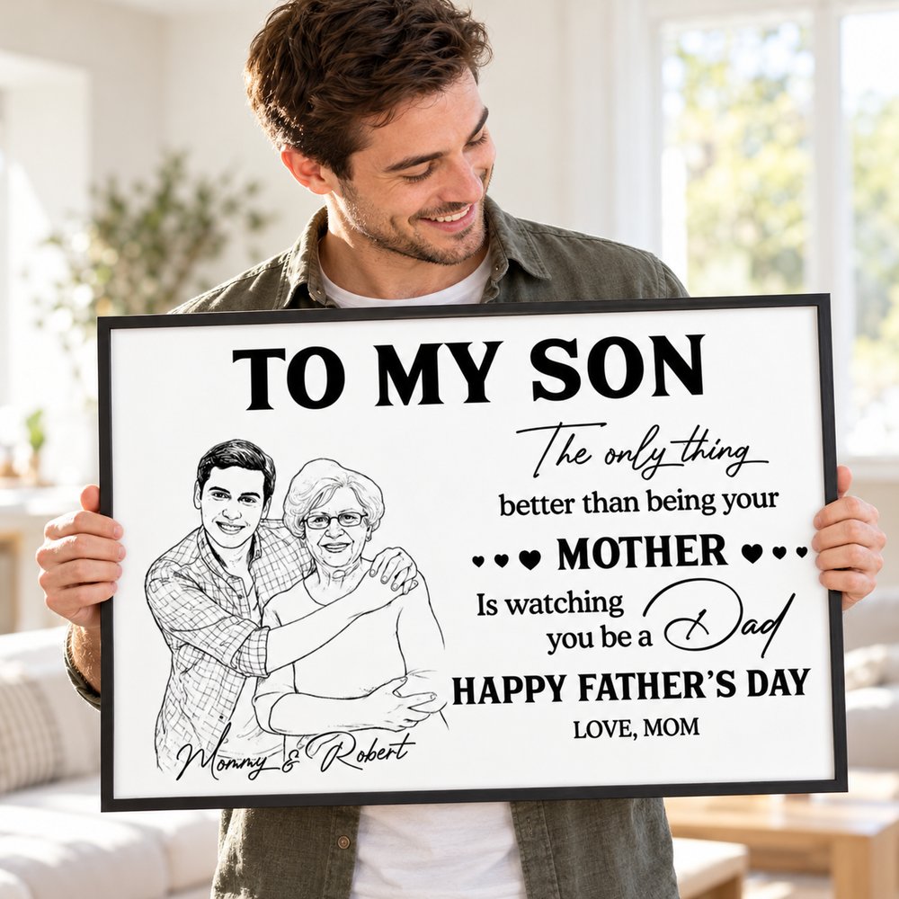 Adult son holding personalized To My Son pencil sketch Father's Day framed print in bright room