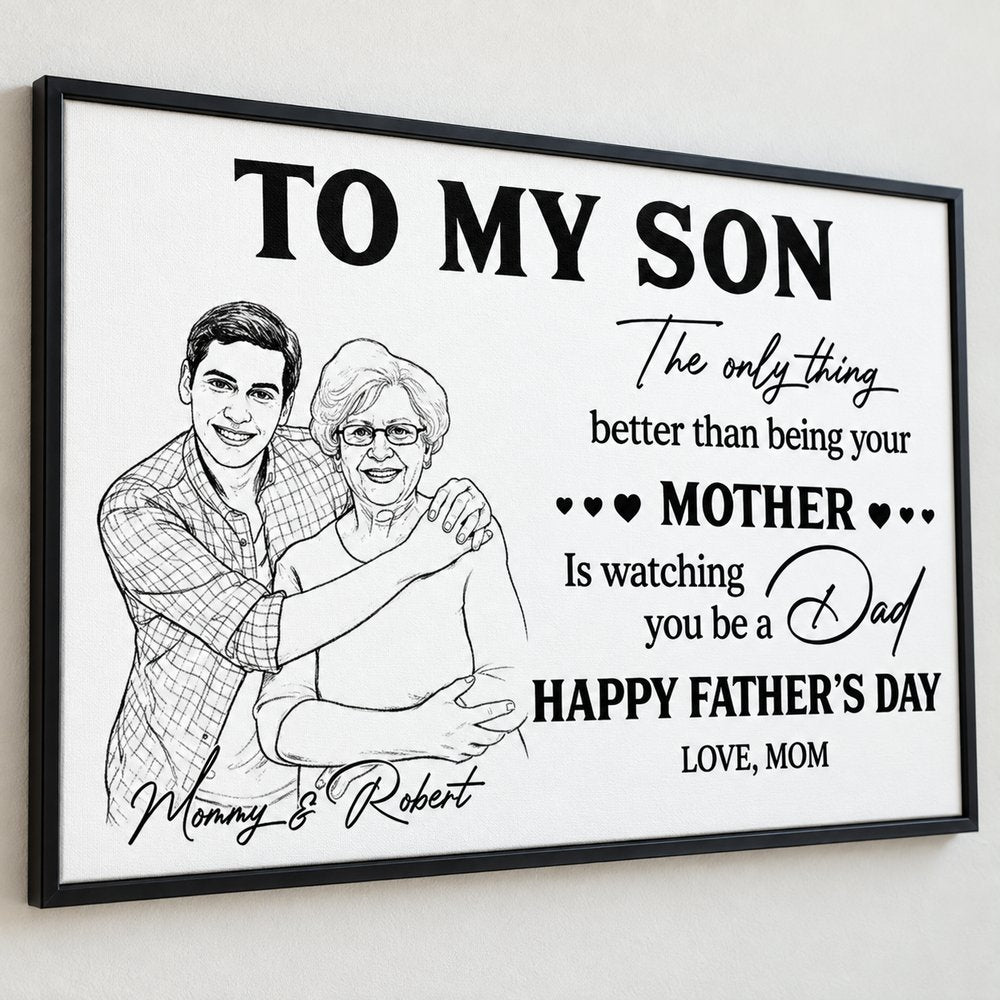 Close-up detail of custom pencil sketch portrait and typography on To My Son wall art print