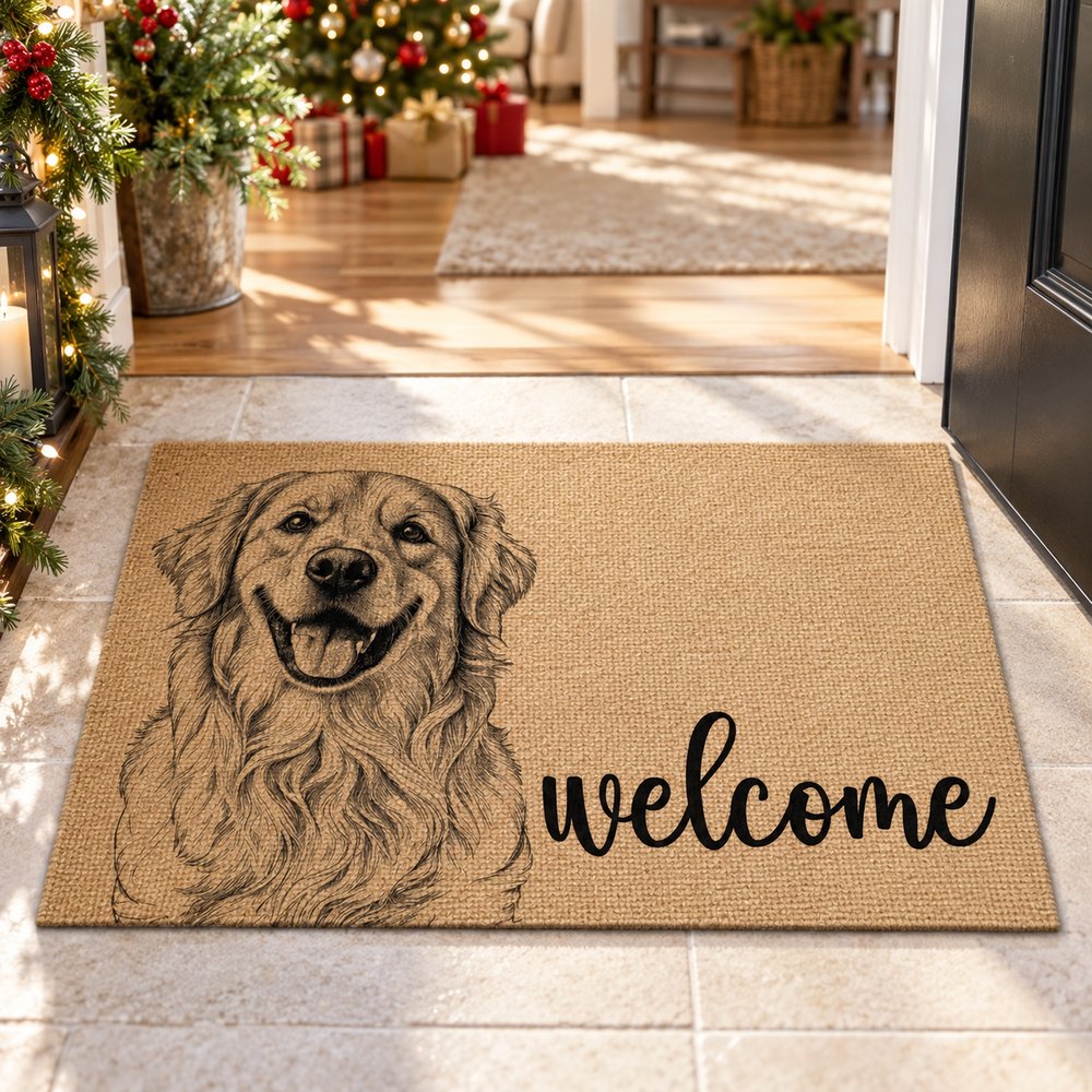 Personalized pet sketch welcome doormat in a bright holiday entryway with Christmas tree in background