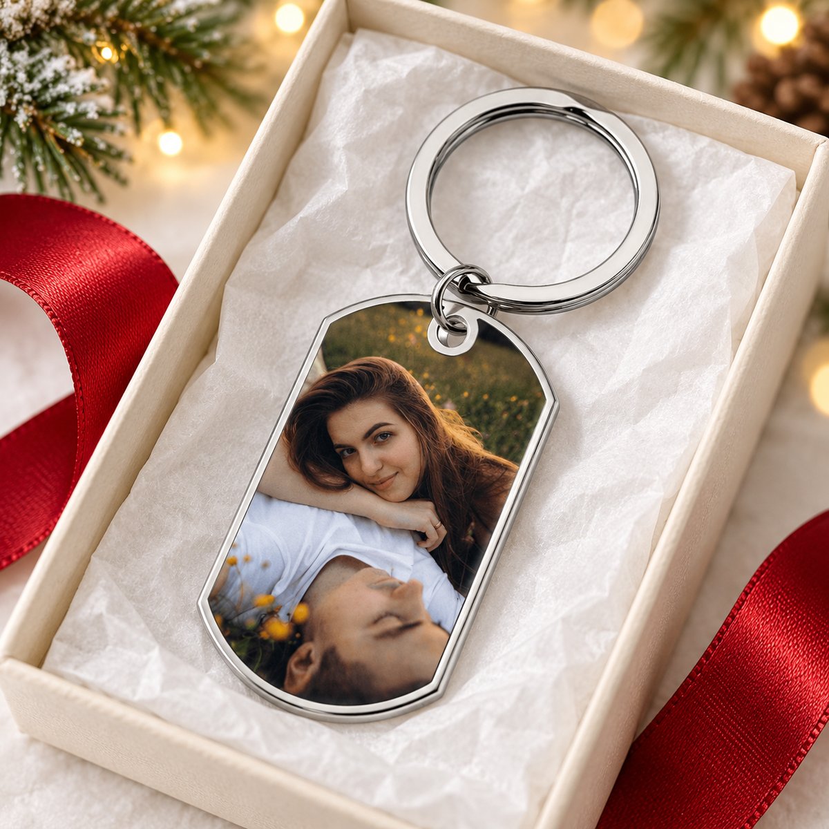Personalized couple photo stainless steel keychain in an open holiday gift box with ribbon
