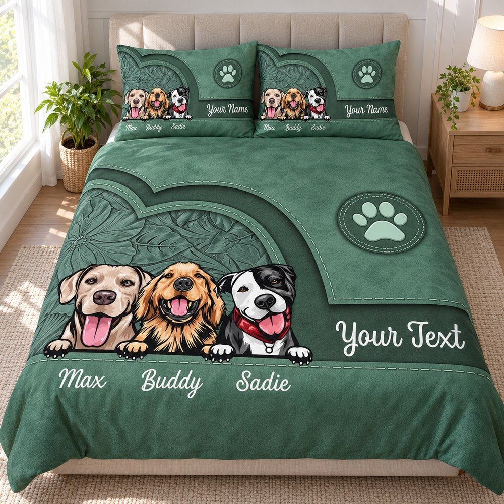 Personalized dog lovers green bedding set with three dogs spread flat on a cozy bed