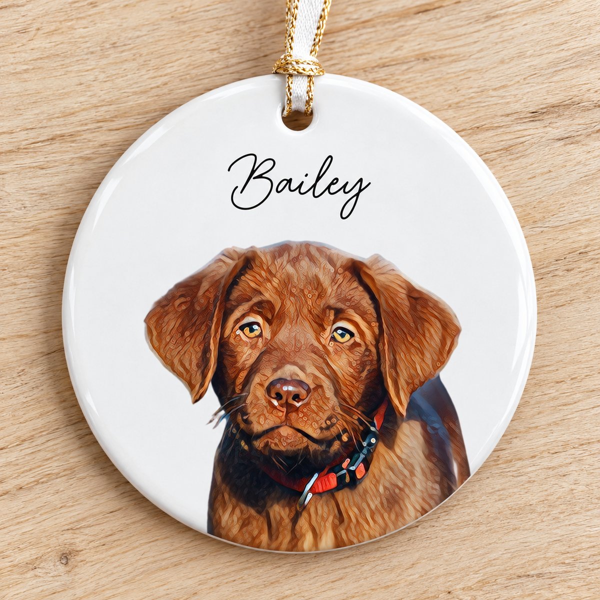 Close up detail of glossy ceramic finish and custom pet portrait print on ornament