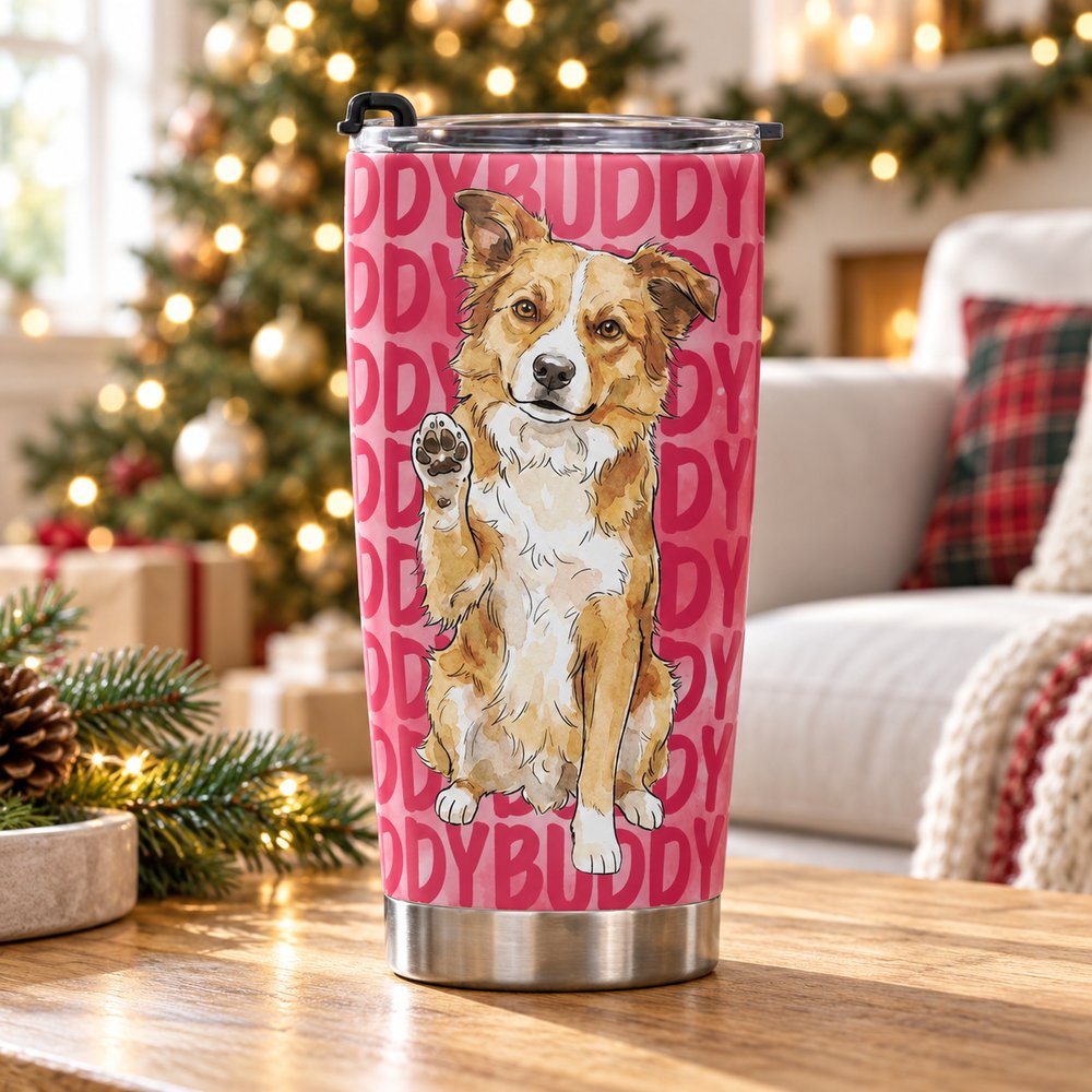 Custom watercolor pet portrait 20oz fat tumbler on wooden table near holiday Christmas tree