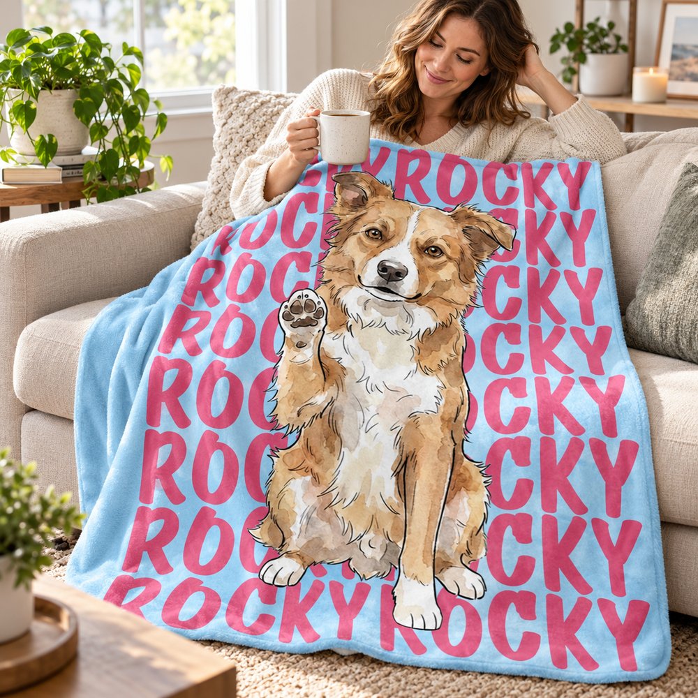 Pet lover relaxing on a couch covered with personalized dog portrait fleece blanket