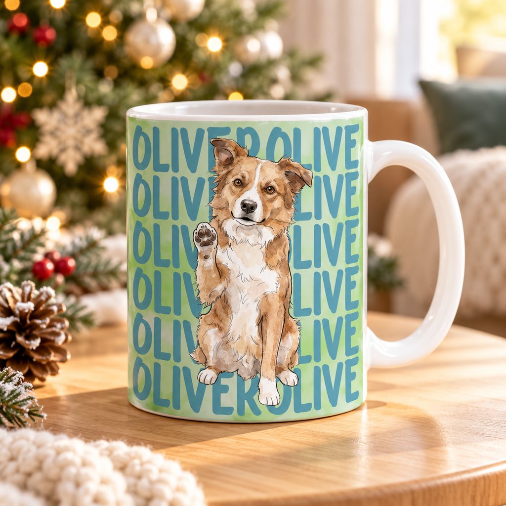 Custom watercolor dog portrait mug with repeating name Oliver on a wooden table near a Christmas tree