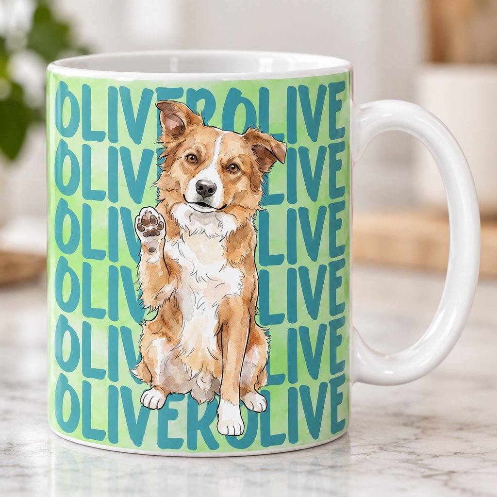 Close-up detail of watercolor dog illustration and glossy ceramic finish on personalized pet mug