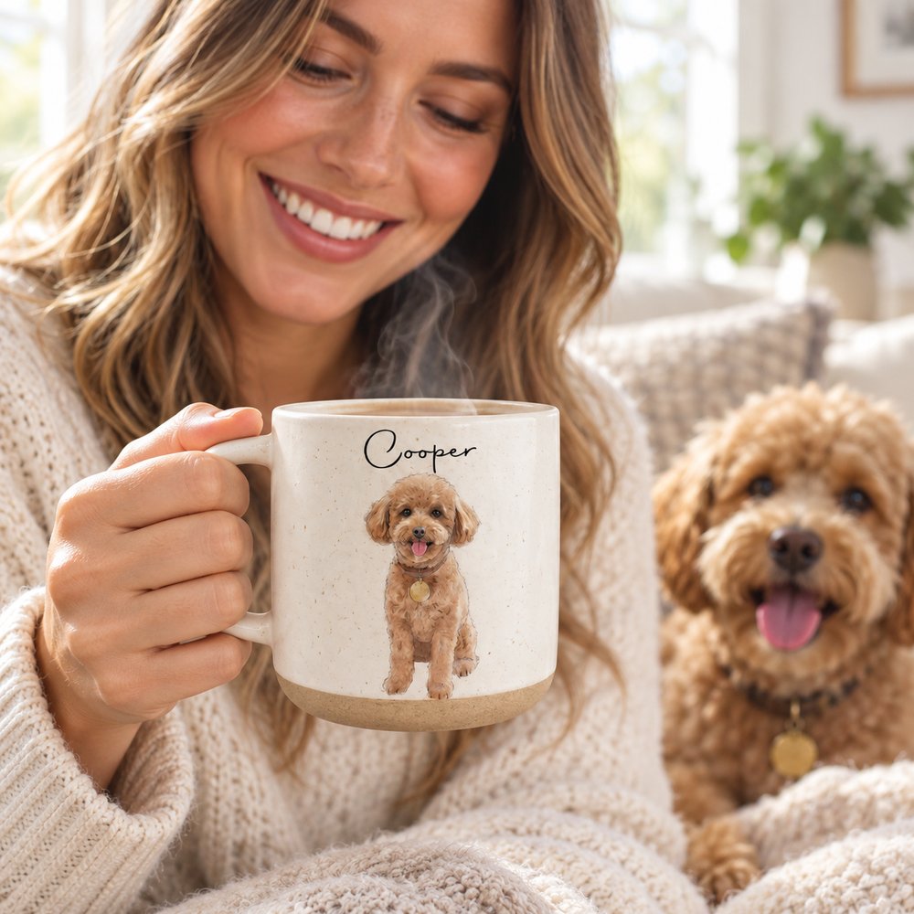 Dog mom holding personalized pet portrait pottery mug with steam on a cozy sofa
