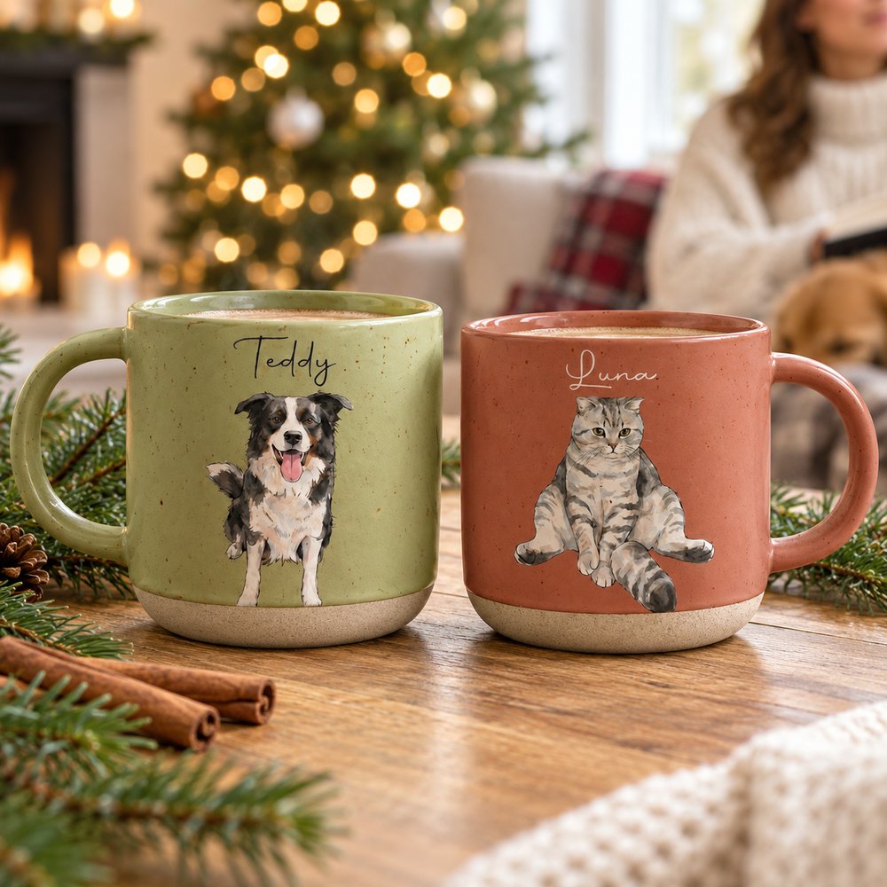 Personalized dog and cat watercolor pottery mugs on holiday table near Christmas tree