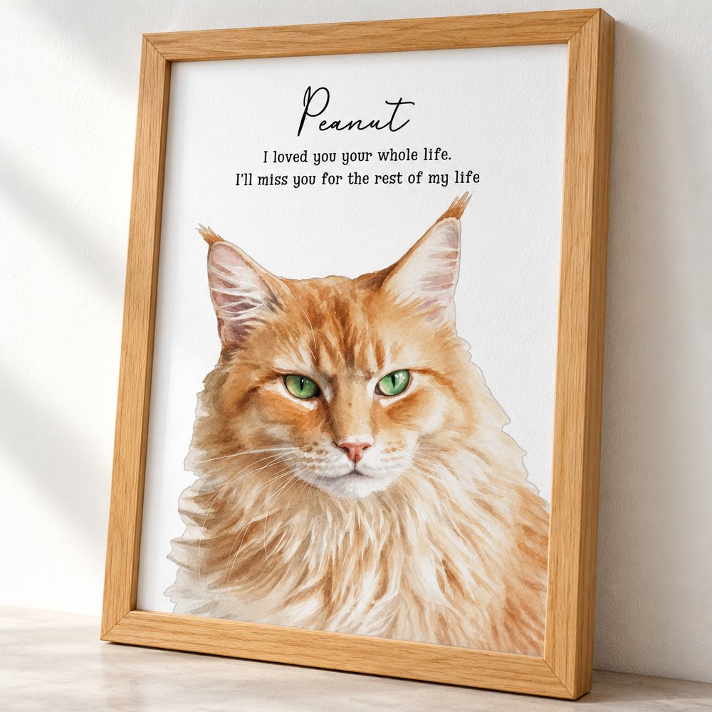 Close up detail of personalized watercolor cat memorial print texture and wood frame