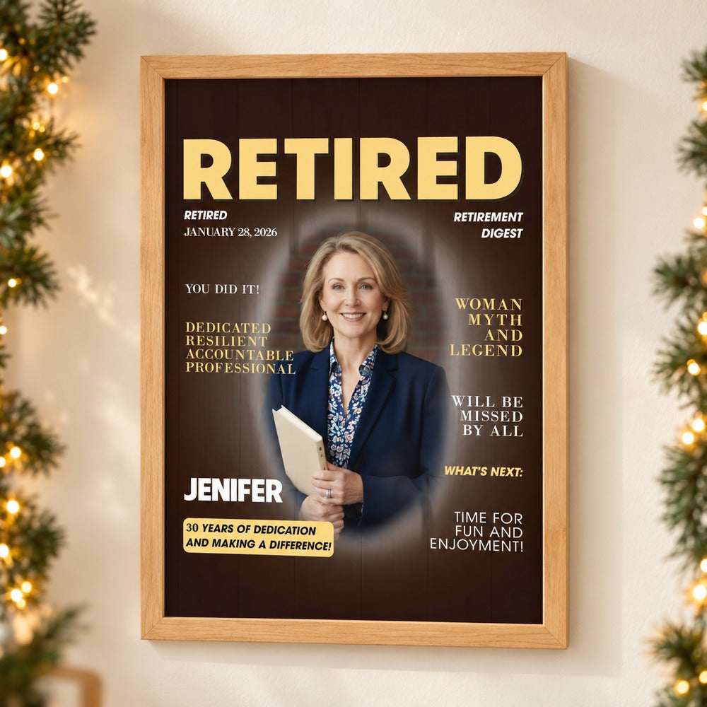 Personalized Retired Magazine framed print hanging on wall with holiday garland