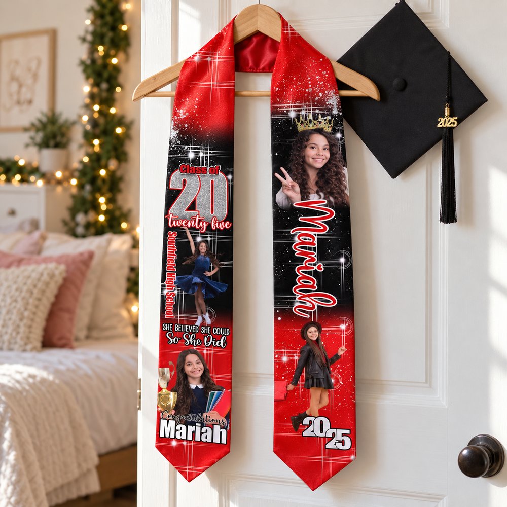 Personalized graduation stole hanging next to grad cap in a bright festive room