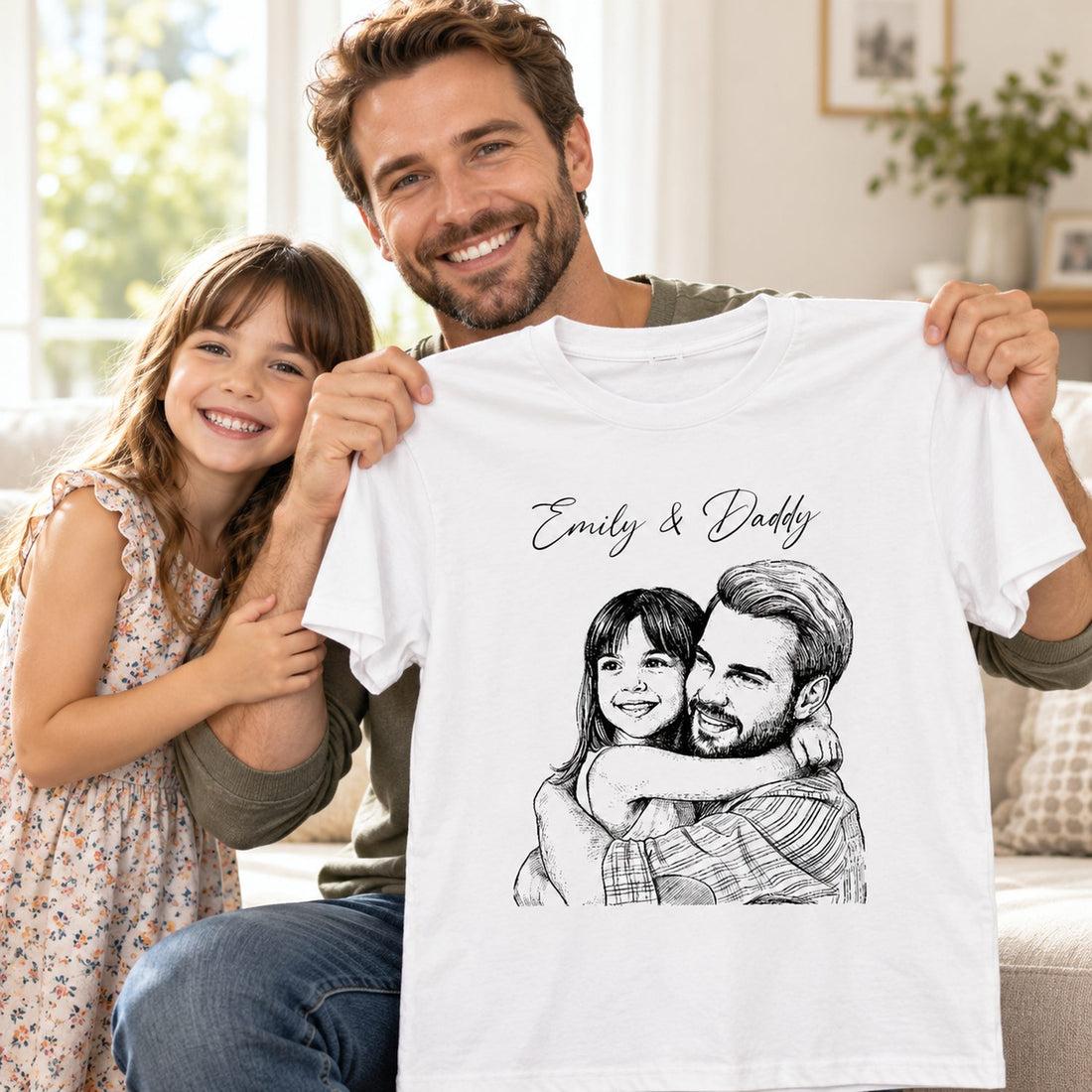 Father and daughter holding personalized dad and kids sketch portrait white t-shirt