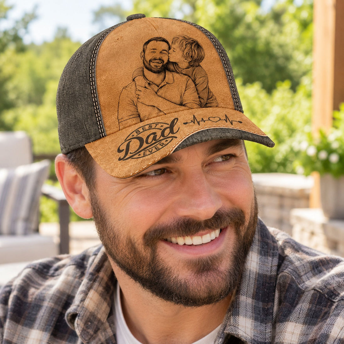 Dad wearing custom photo sketch line art Best Dad Ever personalized classic cap outdoors