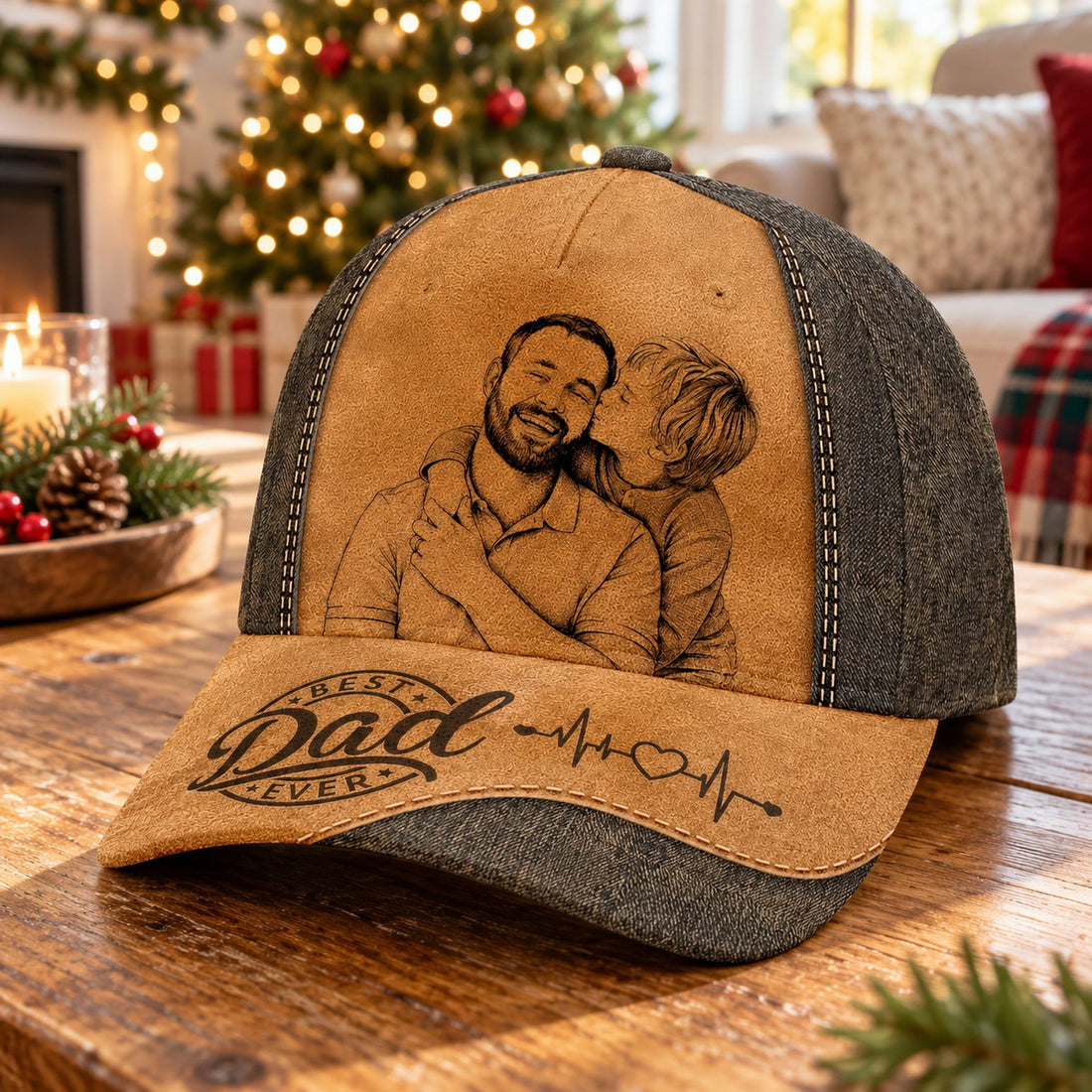 Personalized Dad sketch portrait classic cap on wooden table by Christmas tree