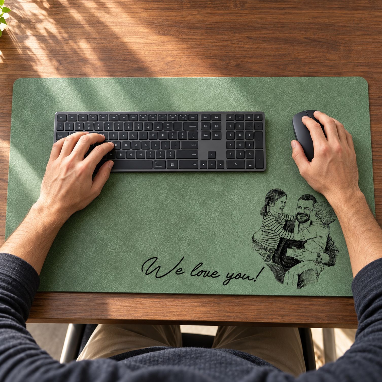 Personalized dad desk mat in use on wooden desk with keyboard and mouse