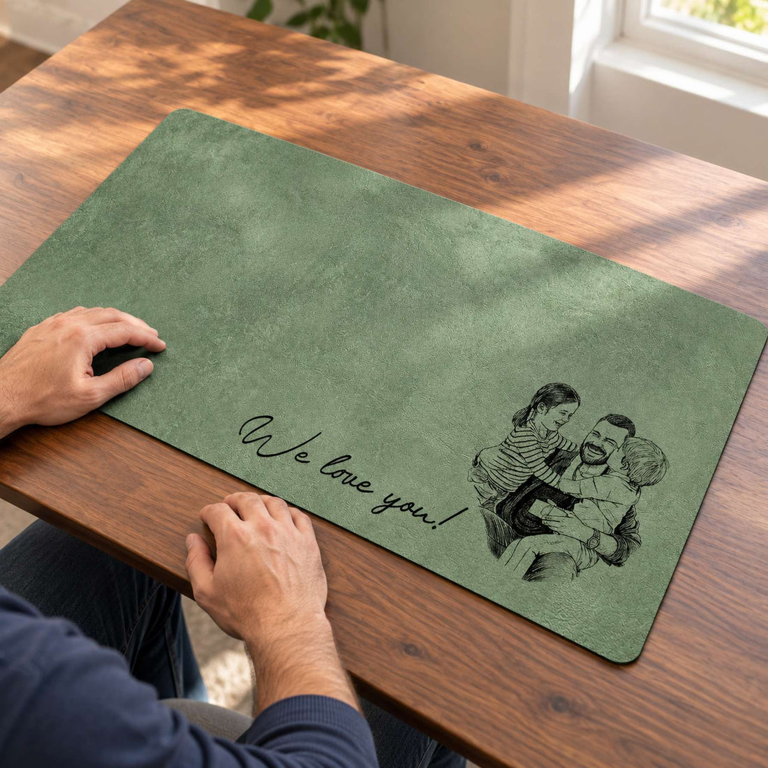 Personalized Dad We Love You desk mat in olive green laid flat on a wooden home office desk