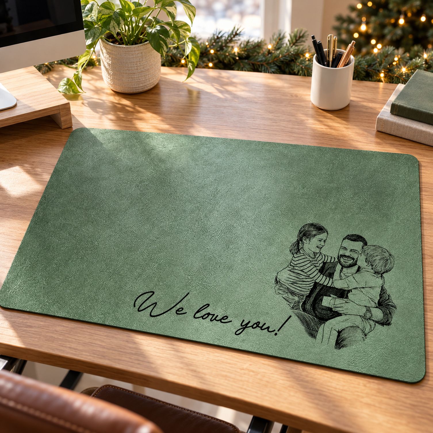 Custom photo sketch dad desk mat on home office desk with holiday decor