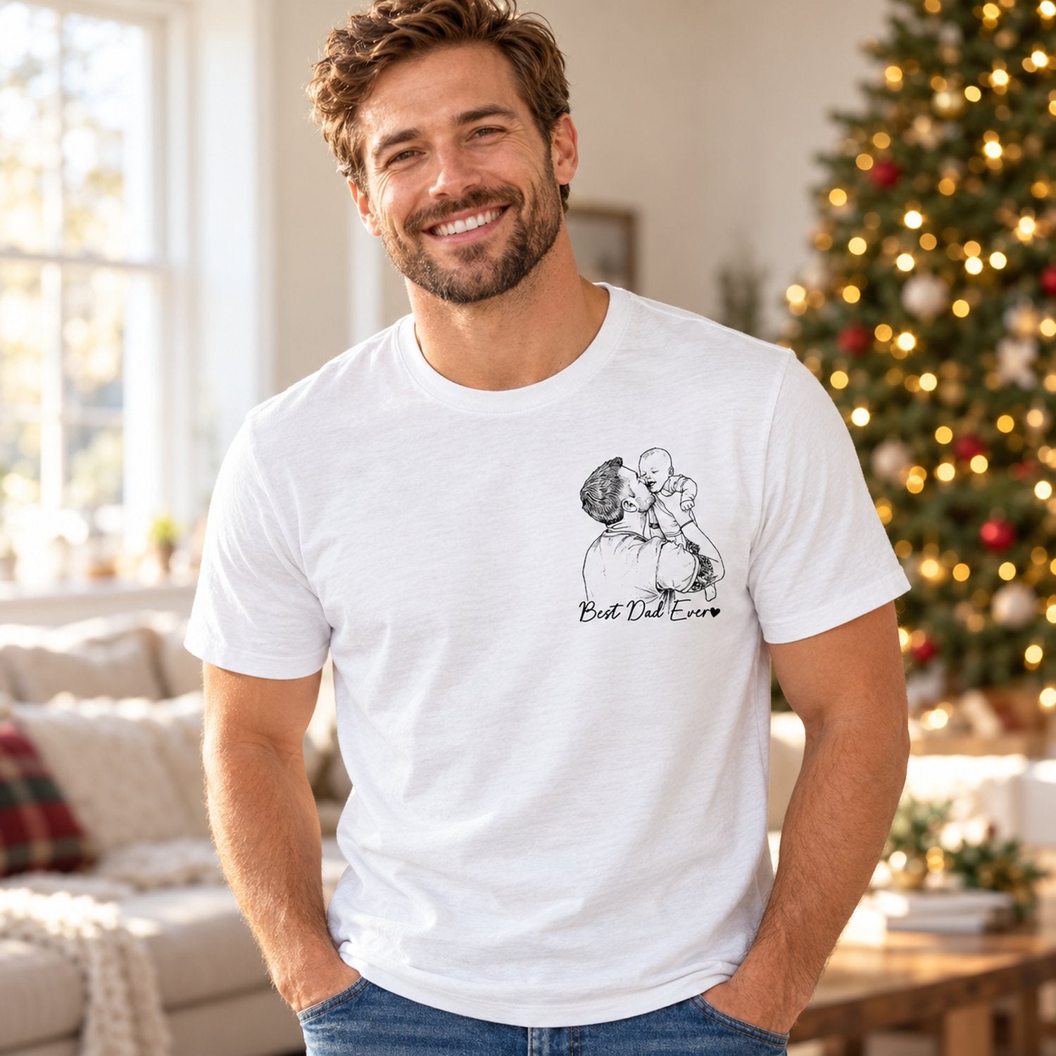 Father wearing custom photo sketch line art Best Dad Ever white t-shirt in a bright holiday living room