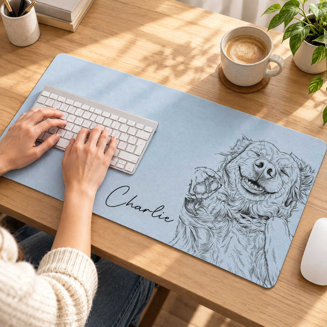 Personalized dog sketch line art desk mat in use on a wooden home office desk with keyboard
