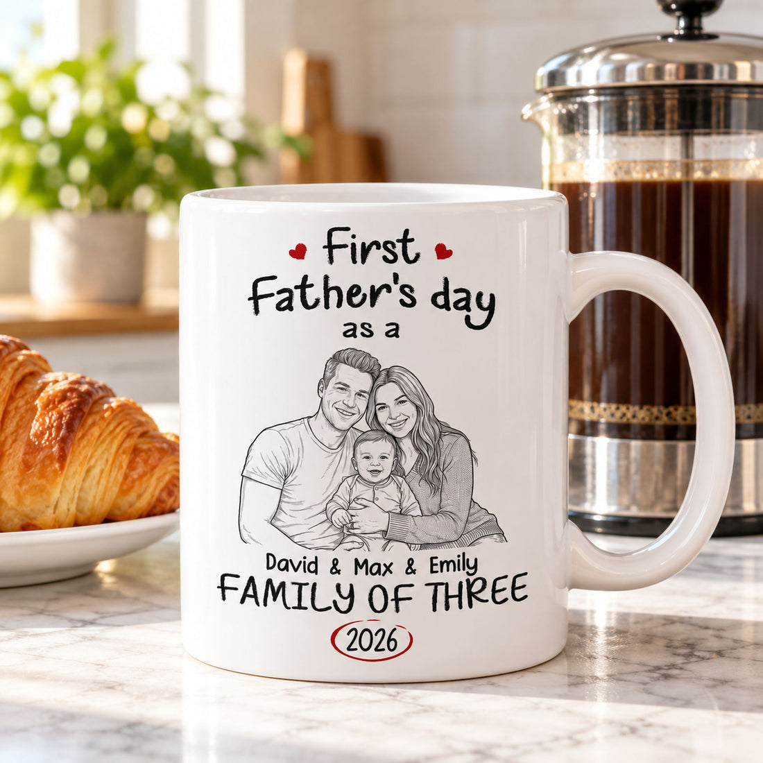 Personalized family of three ceramic mug next to a French press on a marble counter showing size