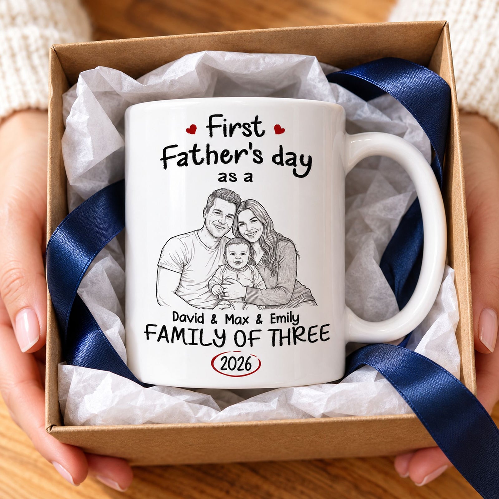 First Fathers Day custom family sketch mug presented in an open gift box with tissue paper and ribbon