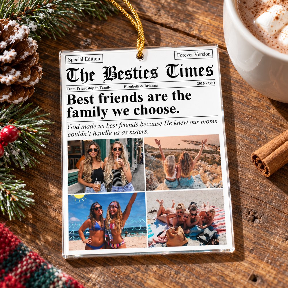 Personalized friendship newspaper acrylic ornament displayed on a festive holiday table