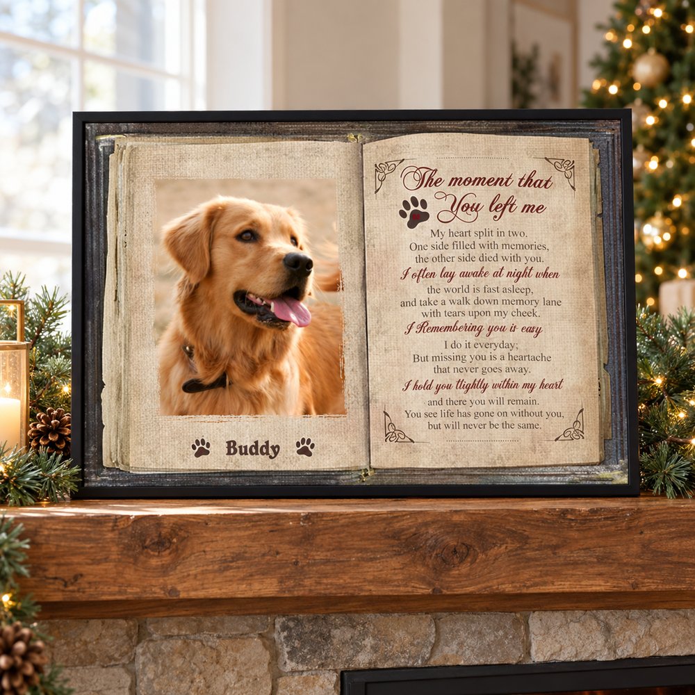 Custom photo dog memorial framed print displayed on a cozy holiday fireplace mantel