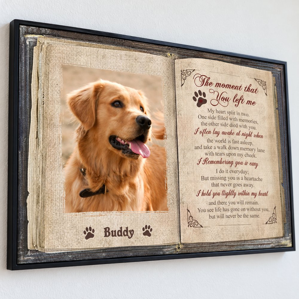 Close up detail of personalized pet memorial poem and dog photo print texture