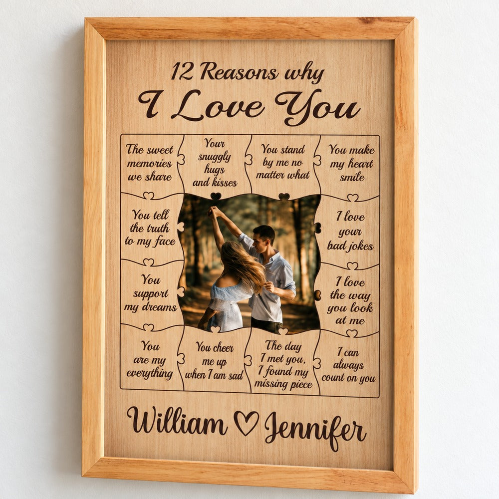 Close-up detail of personalized couple puzzle print texture and wood frame