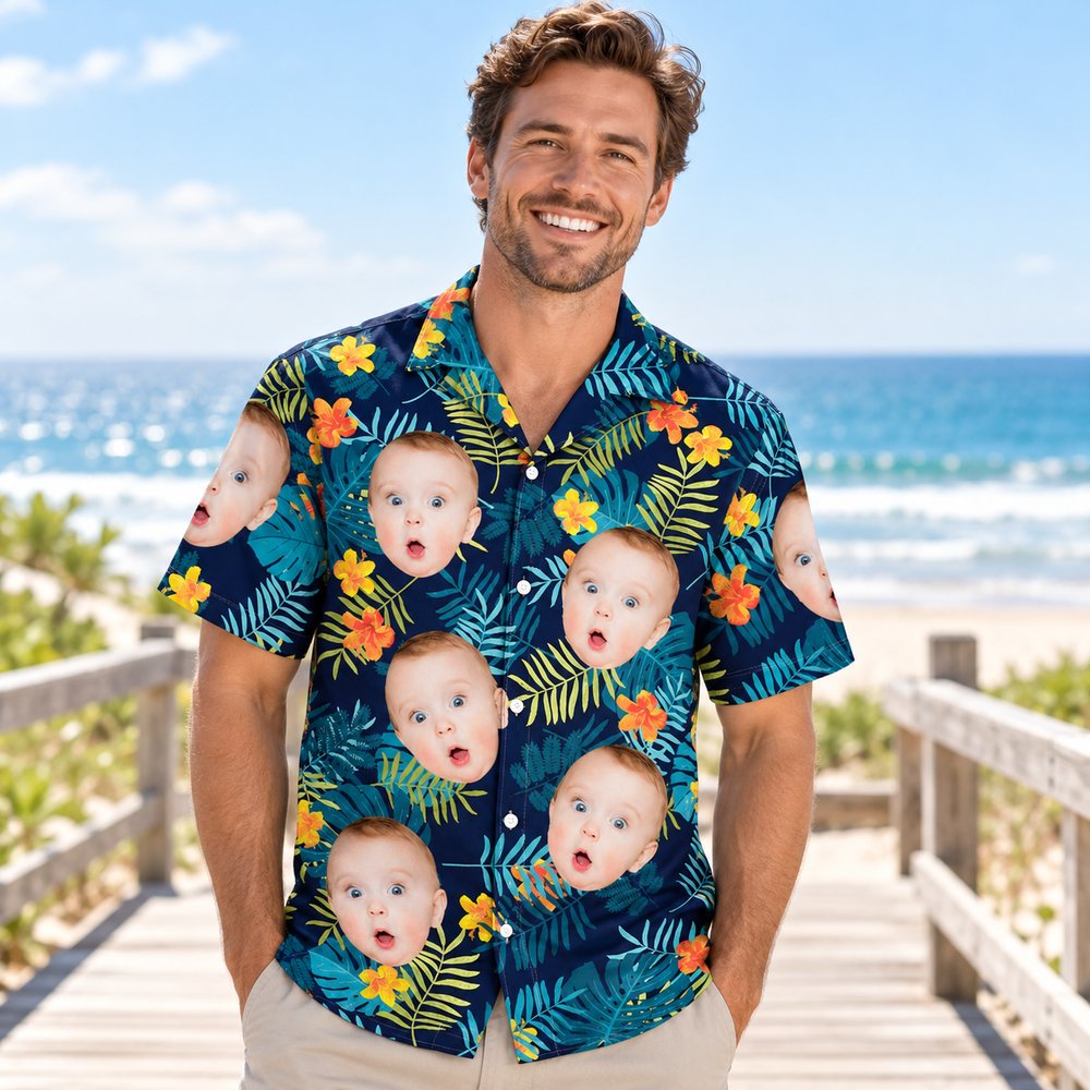 Father wearing custom kid face family aloha Hawaiian shirt on a sunny beach boardwalk