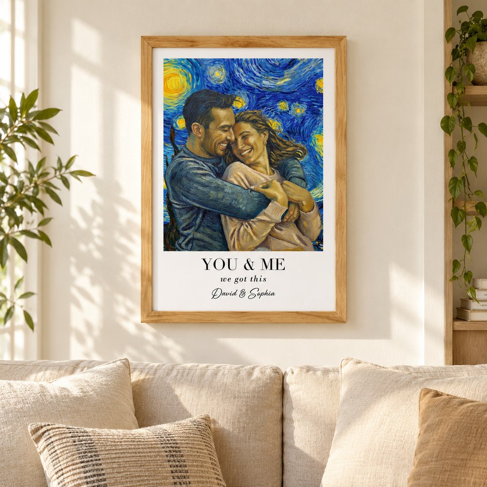 Personalized You and Me couple wall art hanging above a modern living room sofa