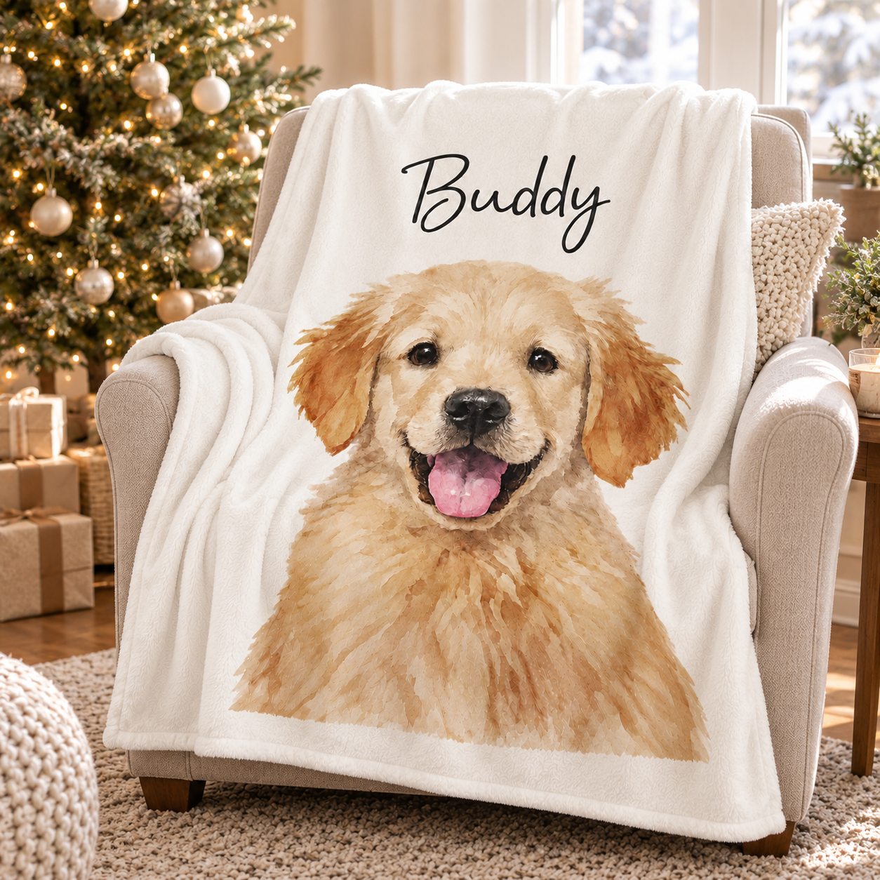 Custom watercolor dog photo blanket draped on armchair next to a Christmas tree