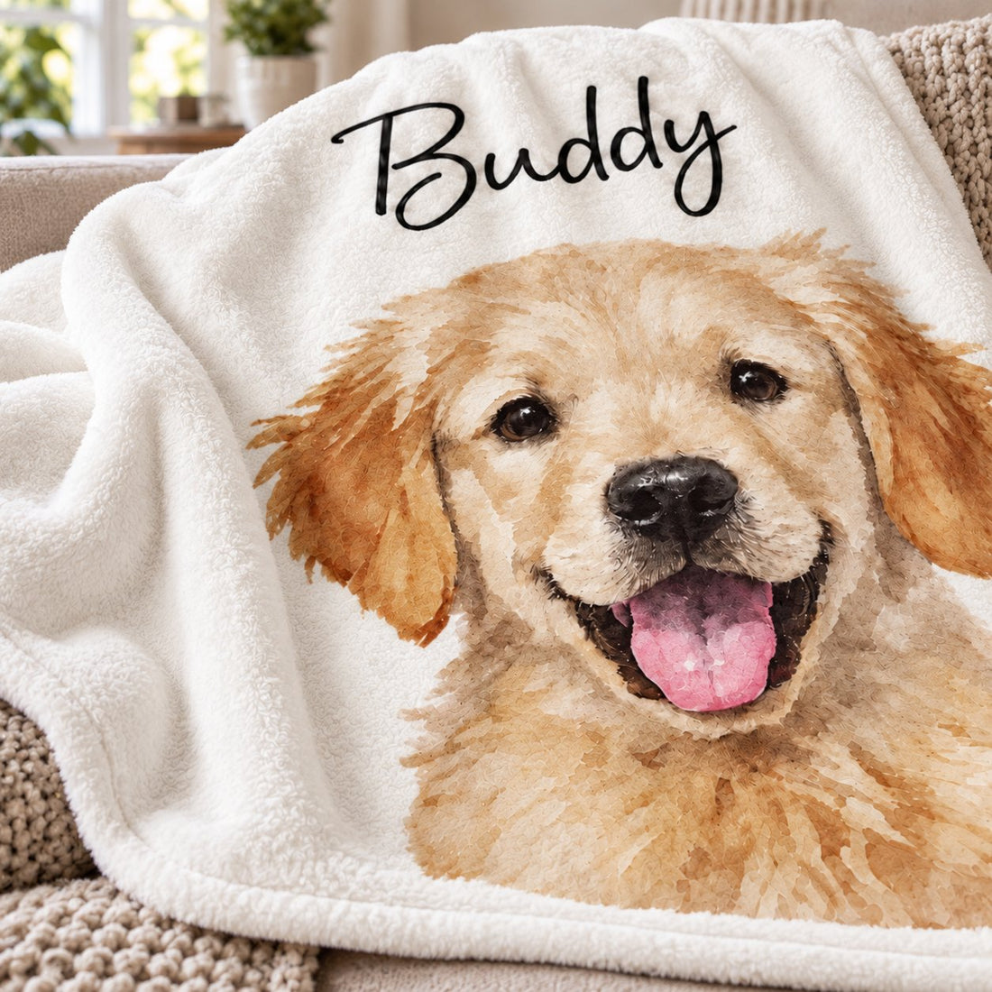 Macro closeup of custom pet blanket showing soft fleece texture and watercolor print