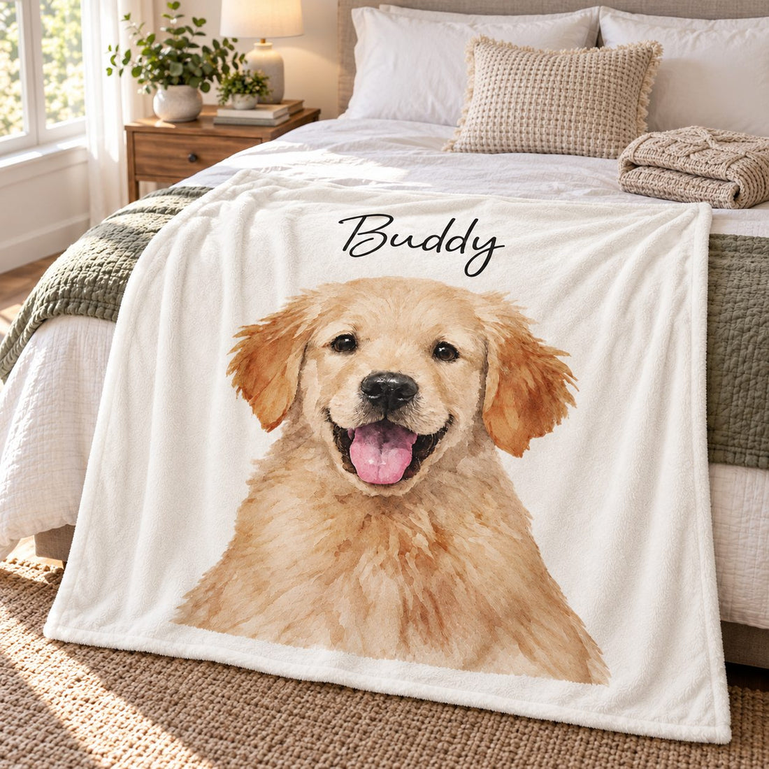 Personalized watercolor dog blanket laid on a bed to show 50x60 throw size scale