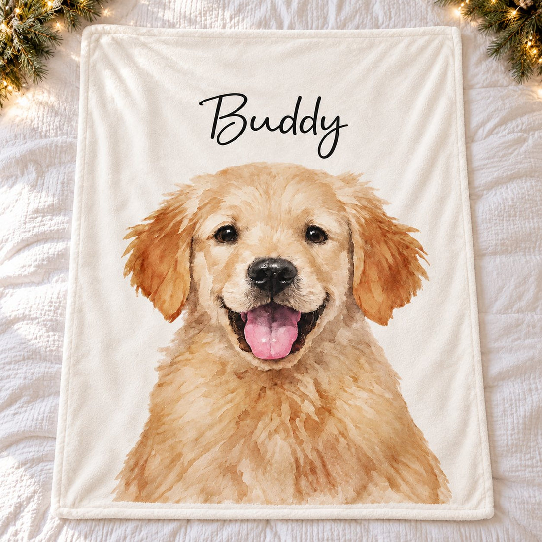 Custom watercolor dog photo blanket spread flat on a bed with holiday greenery
