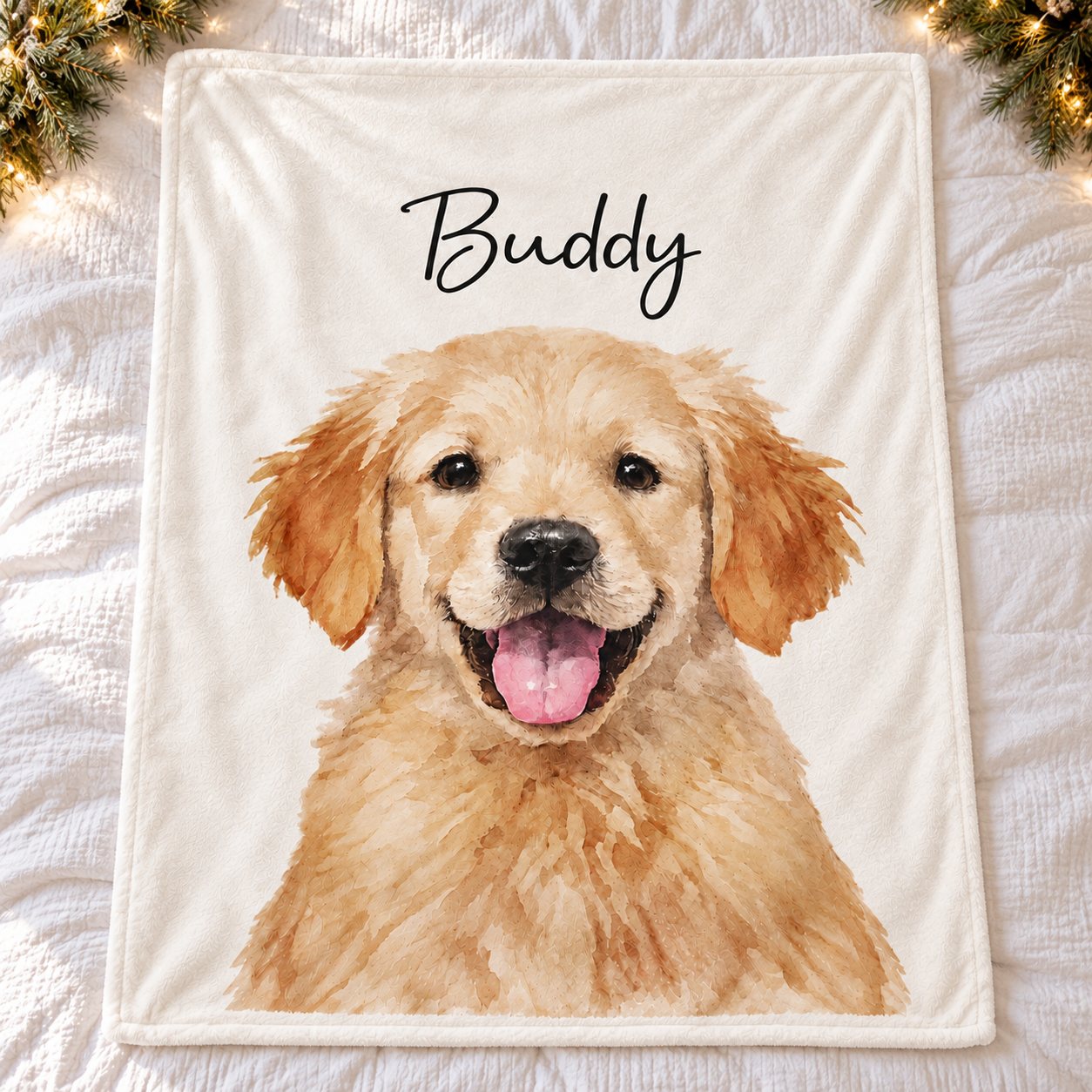 Custom watercolor dog photo blanket spread flat on a bed with holiday greenery