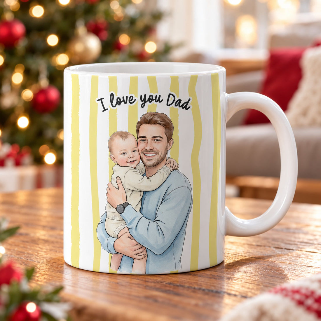Custom photo watercolor Dad and kids mug on a table near a Christmas tree