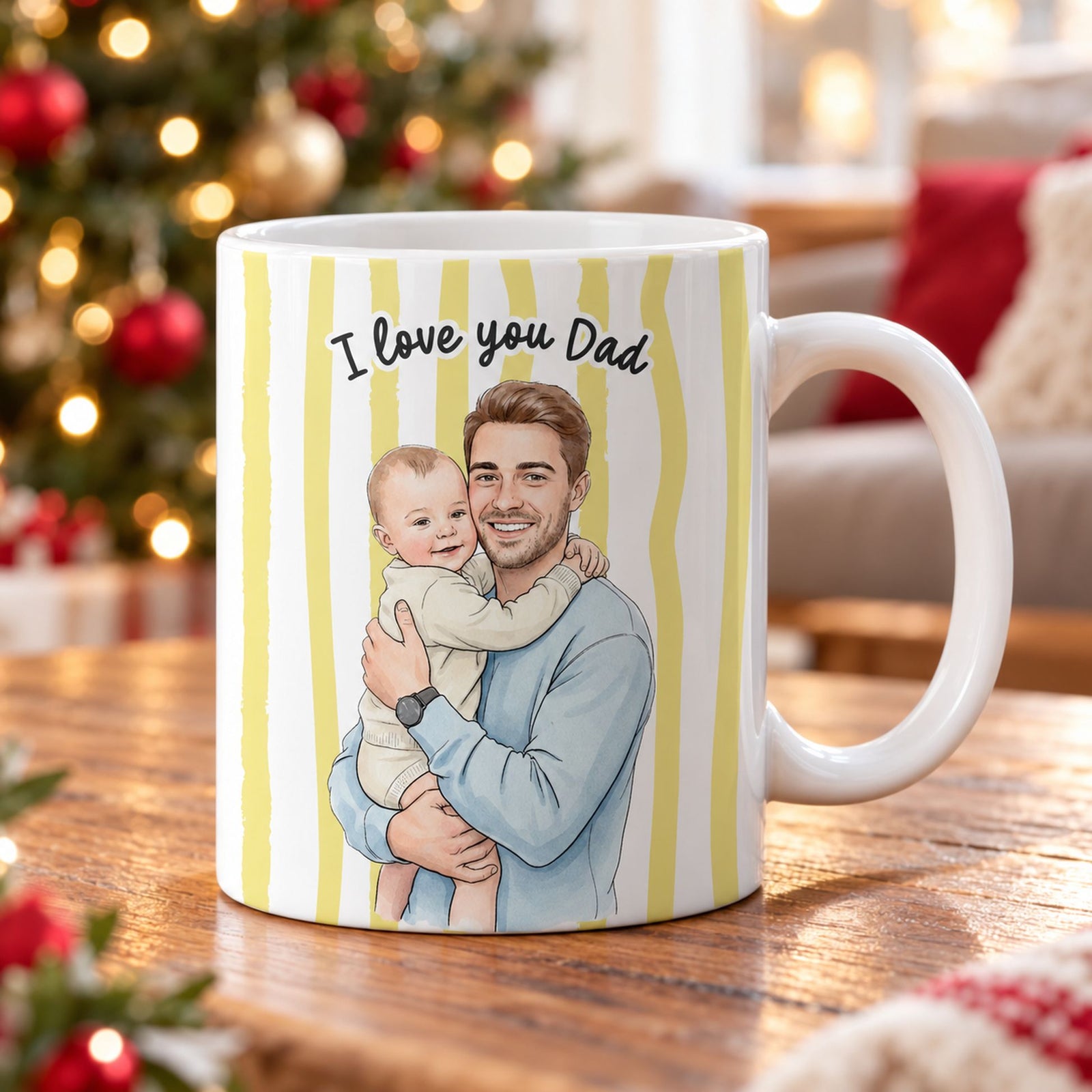 Custom photo watercolor Dad and kids mug on a table near a Christmas tree