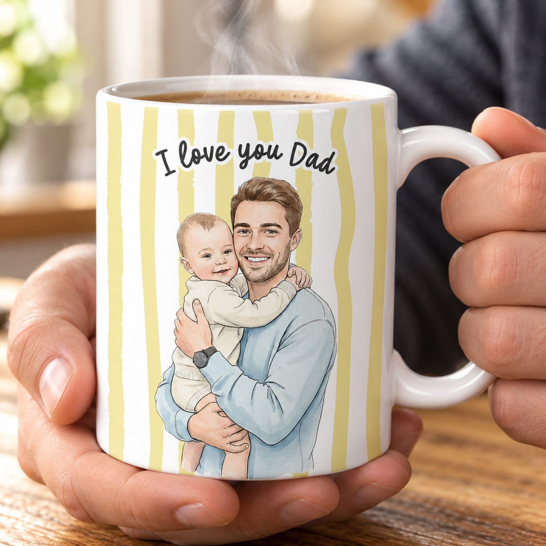 Dad holding personalized watercolor photo mug with steaming coffee