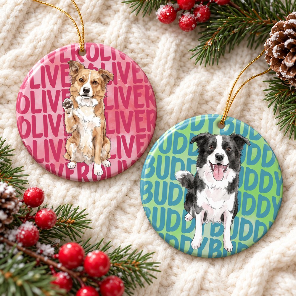 Custom watercolor dog ceramic ornaments flat lay on cozy holiday knit blanket