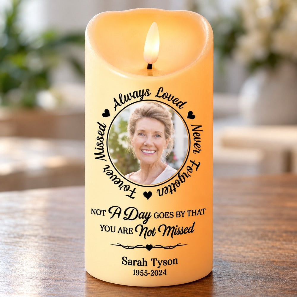 Close-up of custom photo and text print on personalized memorial LED candle
