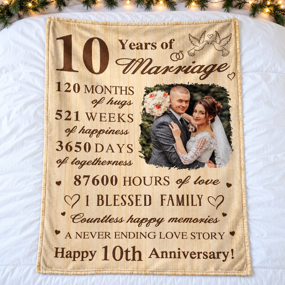 Custom 10th wedding anniversary photo blanket spread flat on a cozy bed with holiday greenery