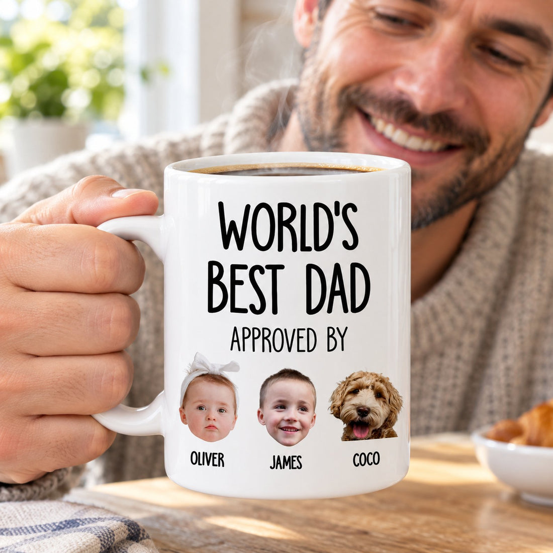 Dad holding personalized Worlds Best Dad coffee mug with steam rising in bright kitchen